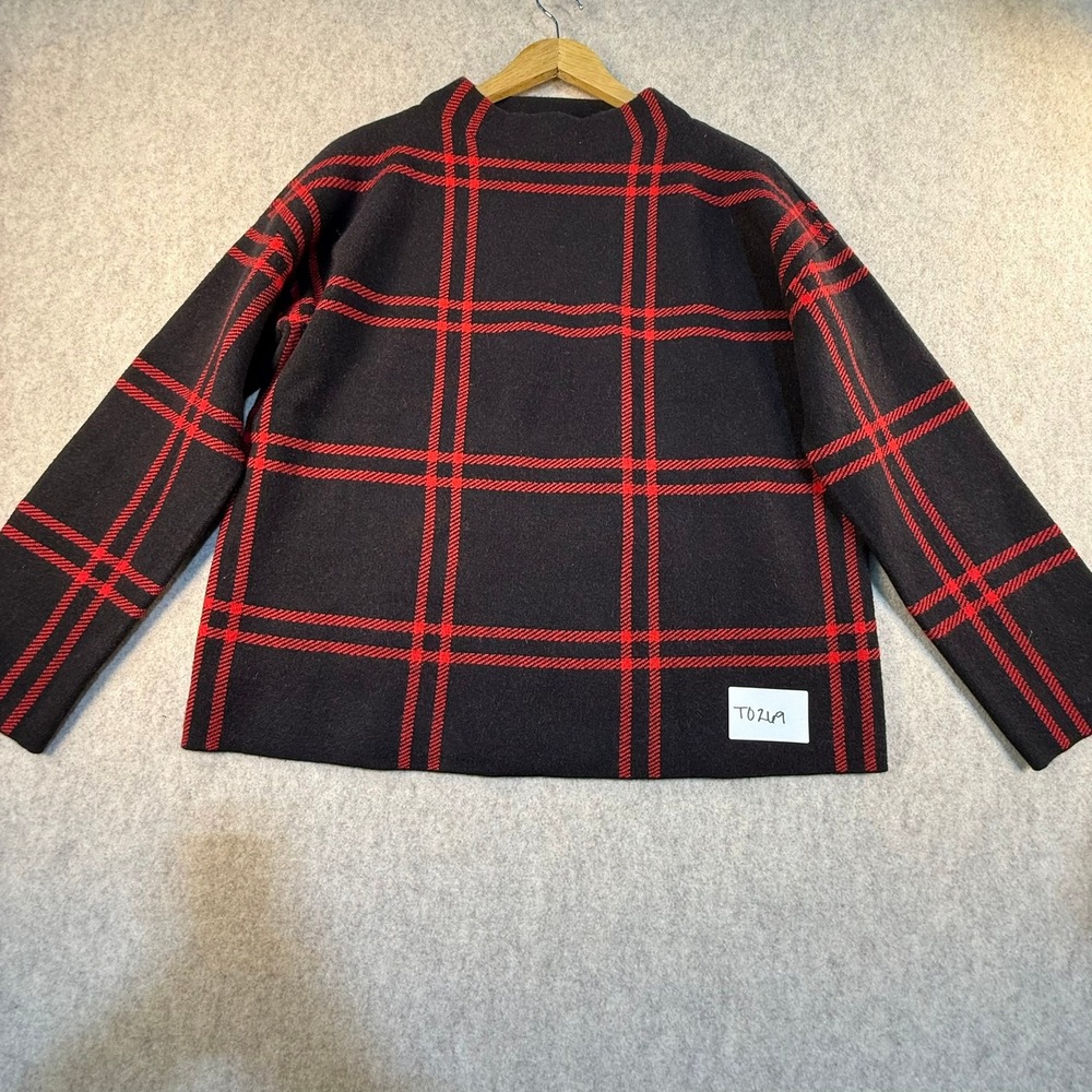 Ann Taylor Womens Medium Black Red Windowpane Plaid Mock Neck Knit Sweater Top